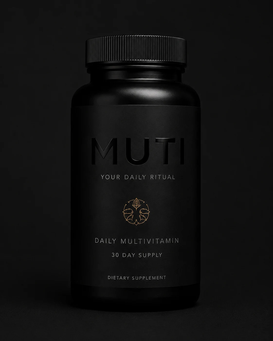 MUTI DAILY matte-black bottle, front, showing the MUTI wordmark, bronze emblem and Your Daily Ritual