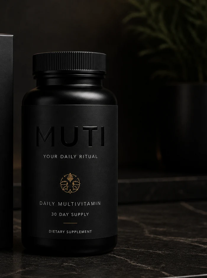 Matte-black MUTI bottle on a marble counter, greenery softened behind it