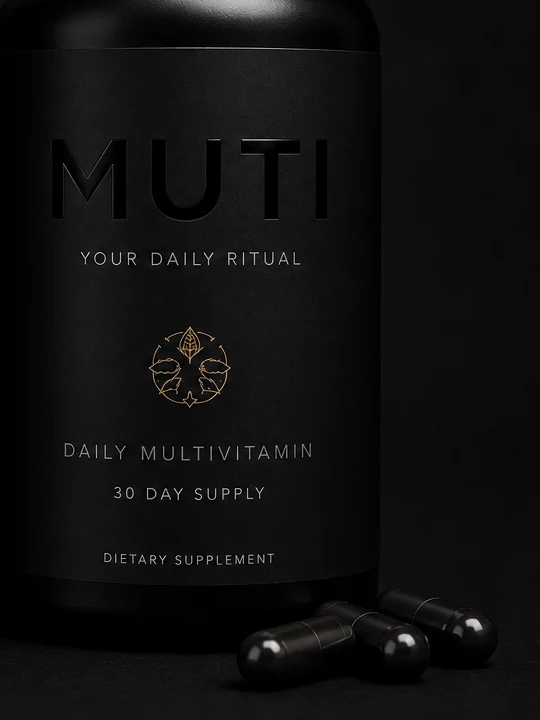 Three black capsules beside the base of the matte-black MUTI bottle
