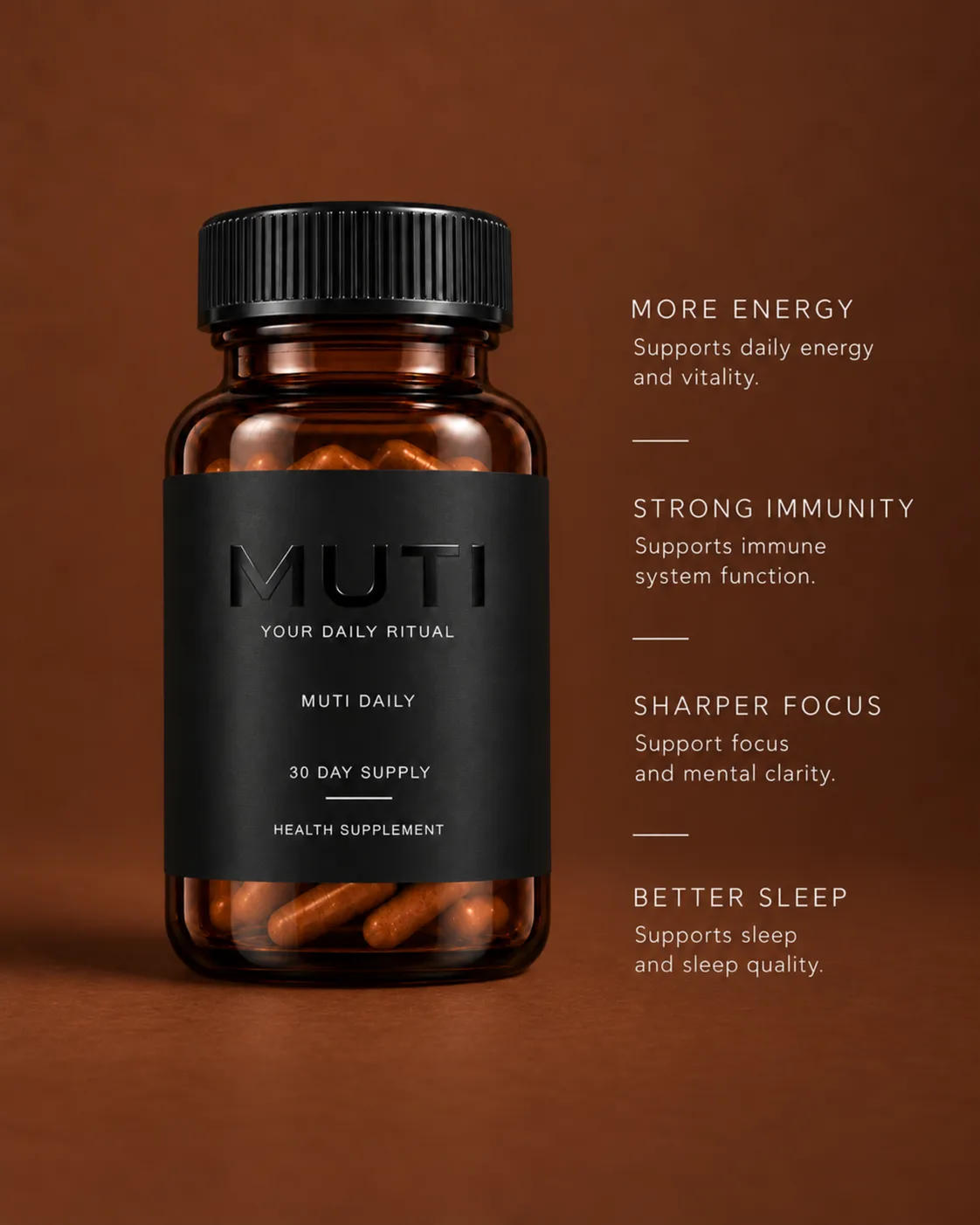 The amber MUTI DAILY bottle on a rust ground beside four labelled points: more energy, strong immunity, sharper focus and better sleep, each with a short line beneath it