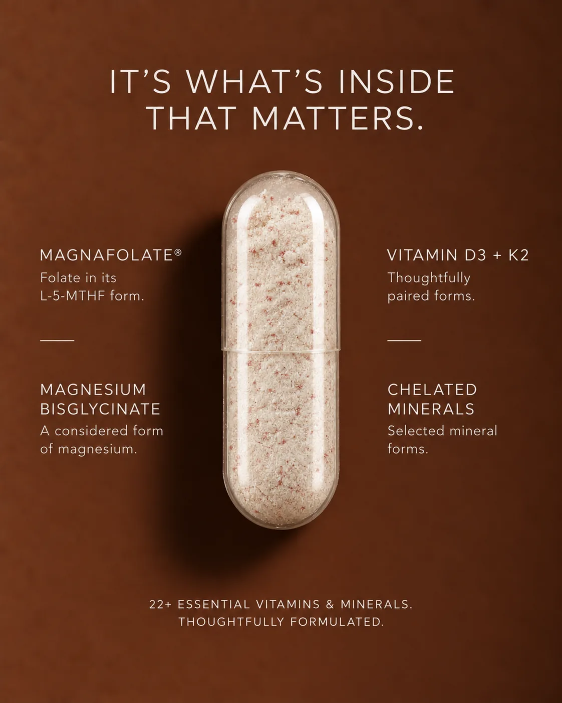 One transparent capsule of pale powder under the line: it's what's inside that matters, with four formulation points around it, Magnafolate, magnesium bisglycinate, vitamin D3 with K2 and chelated minerals