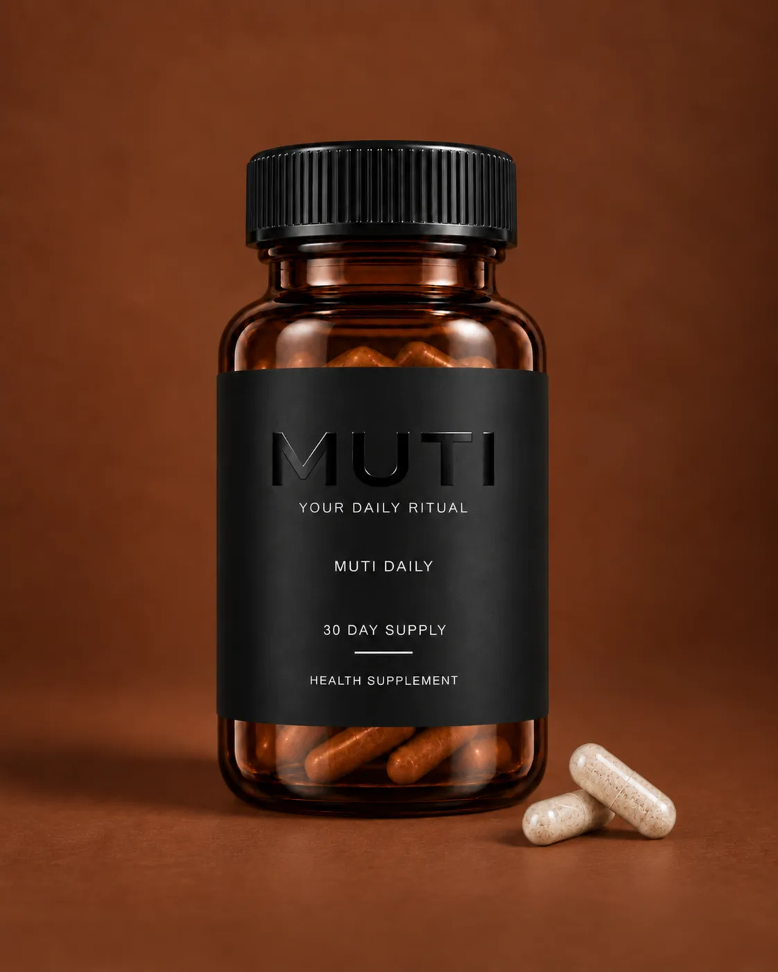 The amber MUTI DAILY bottle with its charcoal label standing on a rust ground, two capsules resting beside it