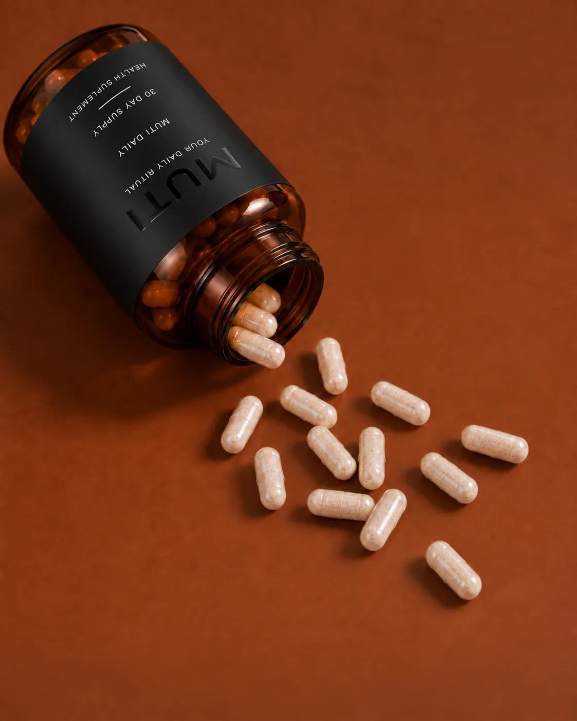 The open MUTI DAILY bottle lying on its side on a rust ground with capsules spilled out in front of it