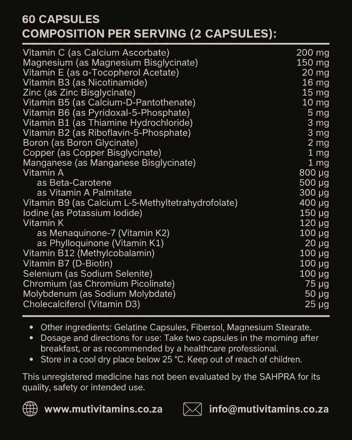 The MUTI DAILY label panel listing every nutrient per two capsules with its form and amount, the other ingredients, the directions and the SAHPRA statement