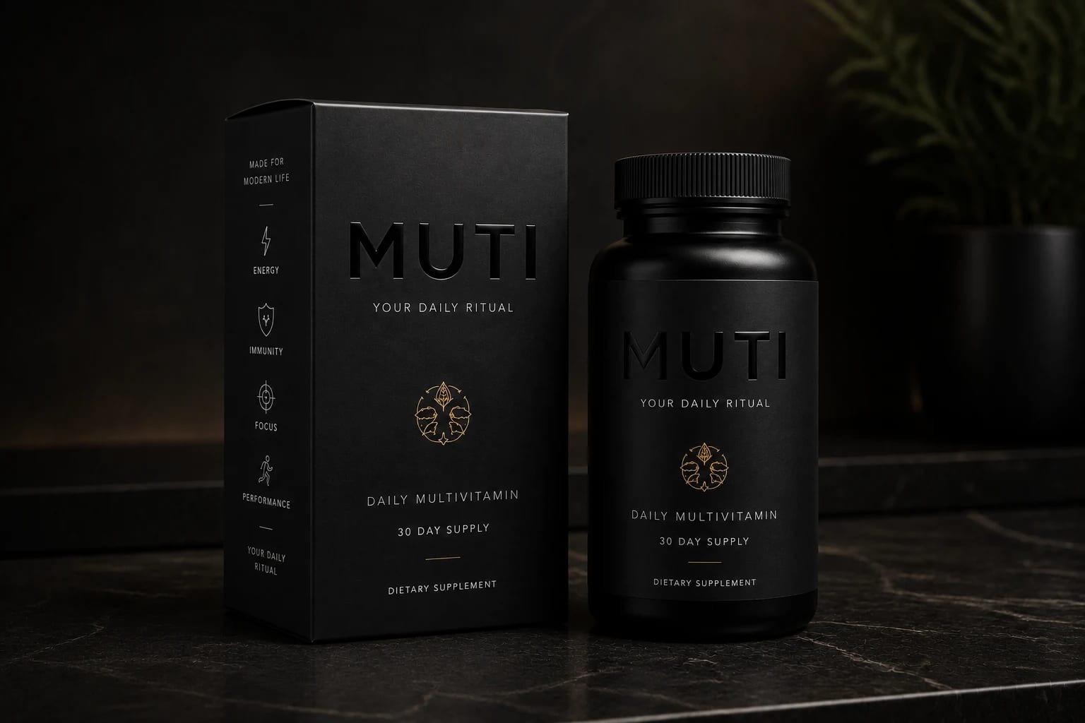 MUTI box and bottle on dark marble in low morning light