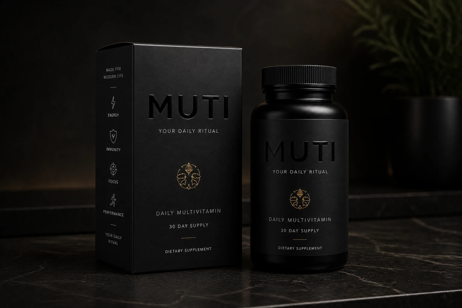 MUTI box and bottle on dark marble in low morning light