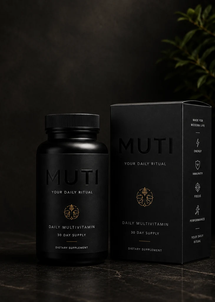MUTI box and bottle standing together on a dark marble counter