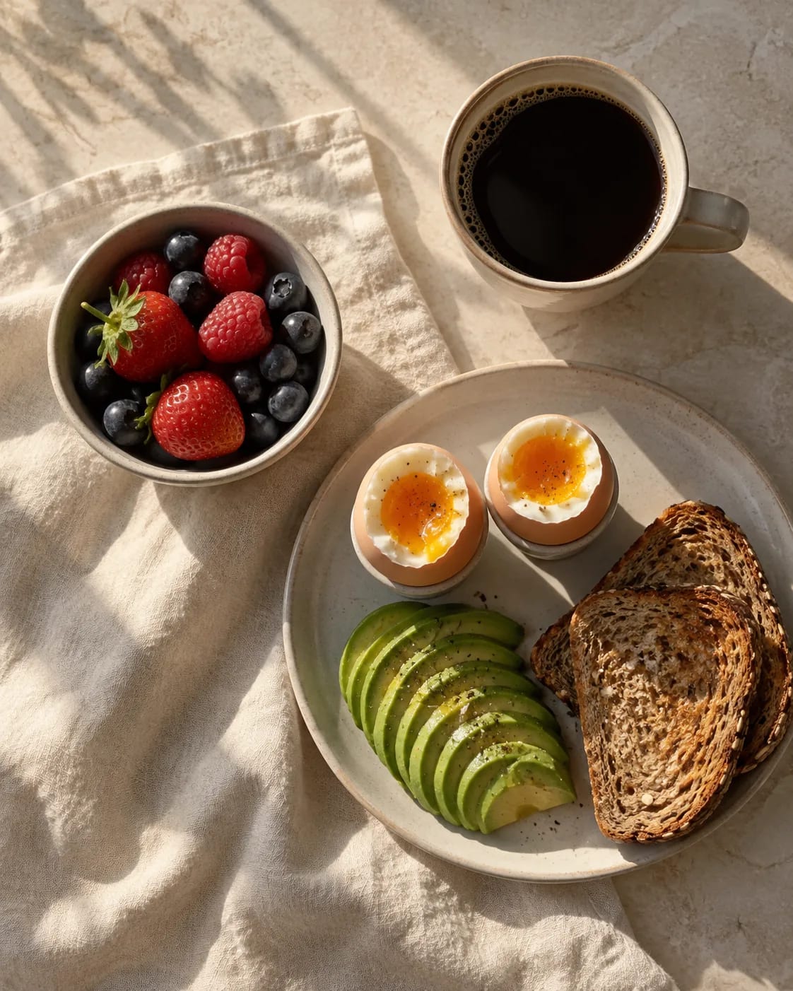 A healthy breakfast of eggs, avocado, whole-grain toast and berries on cream linen in morning light