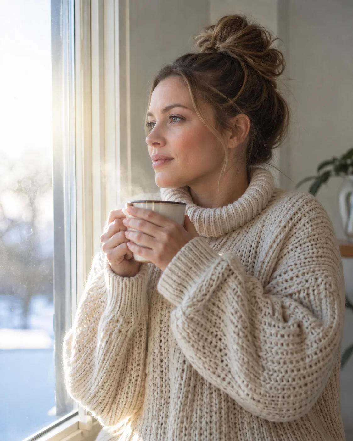 A woman in a knit jumper at a bright window on a cold morning, both hands wrapped around a warm mug