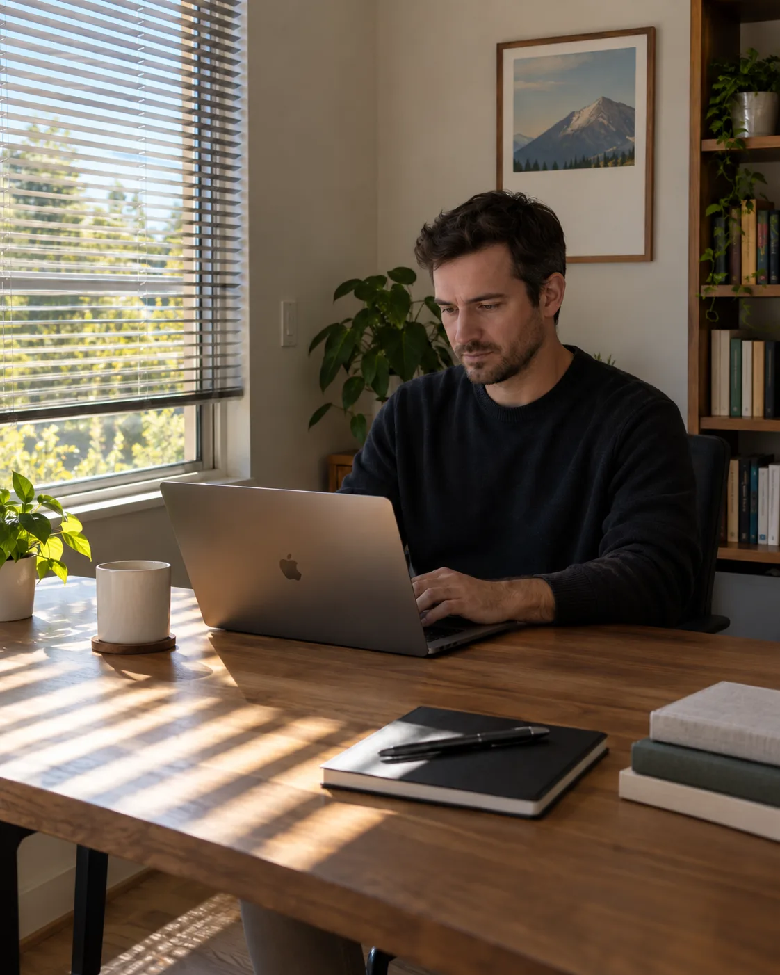 A man working at a laptop beside a large window, bright sun outside and the blinds half drawn