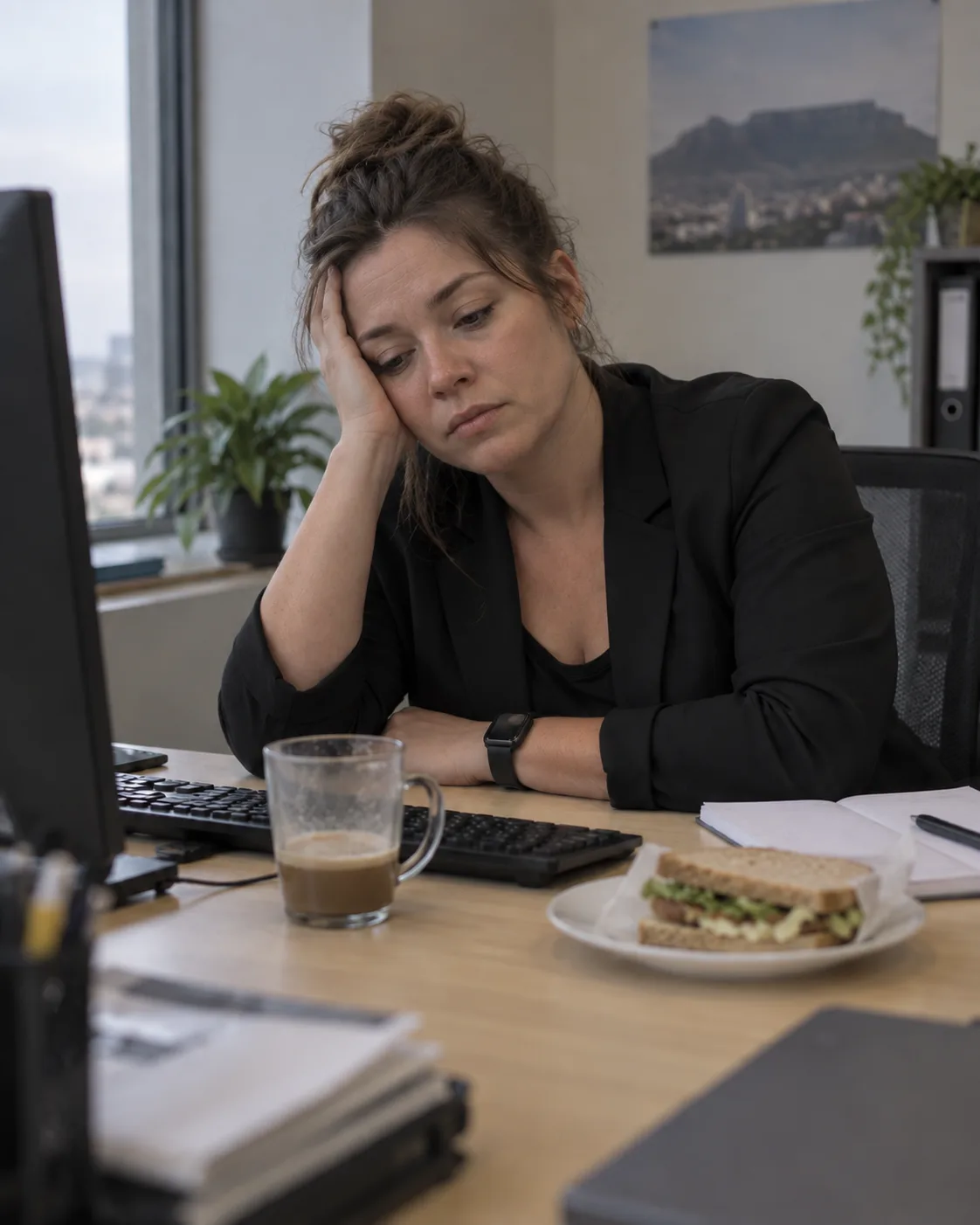 A woman slumped at her office desk in the middle of the afternoon, head in hand, a cold coffee and an untouched sandwich beside her