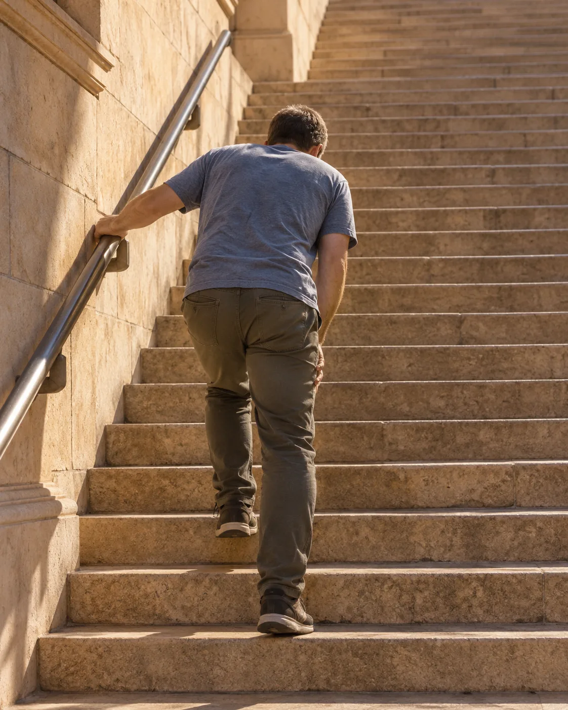 A man pausing halfway up an outdoor stone staircase, one hand on the railing, catching his breath