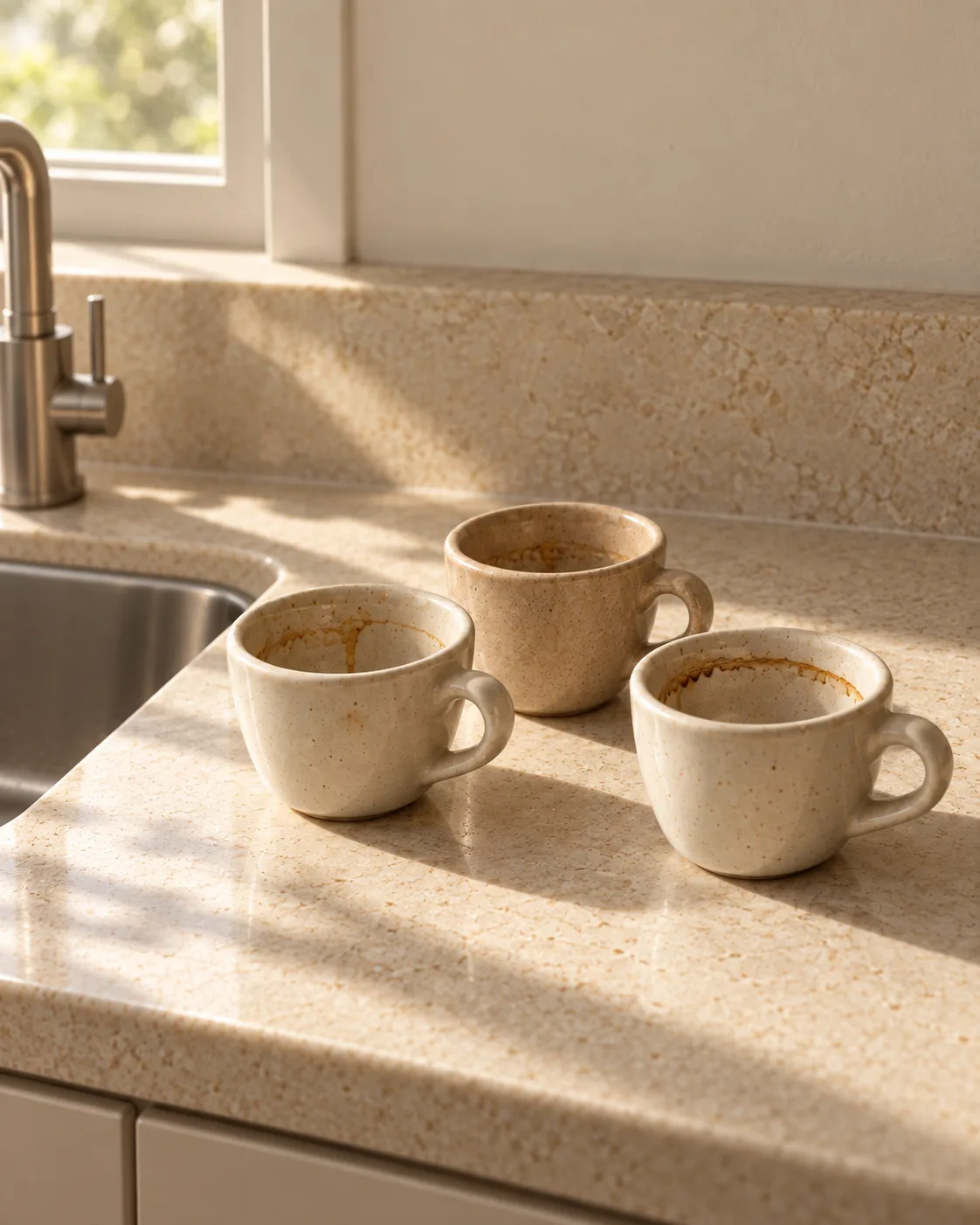 Three empty espresso cups in a row on a pale stone counter in morning light