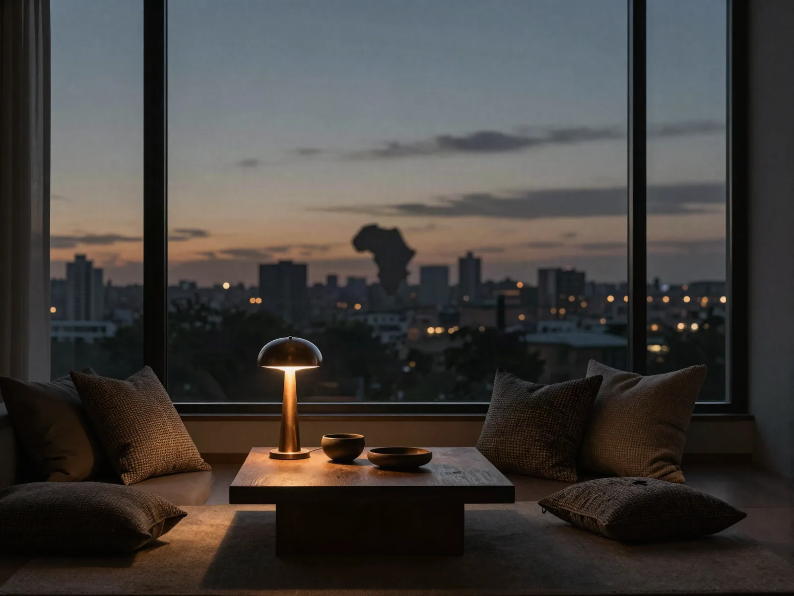 A dark living room at dusk, a warm lamp and a city skyline through the window