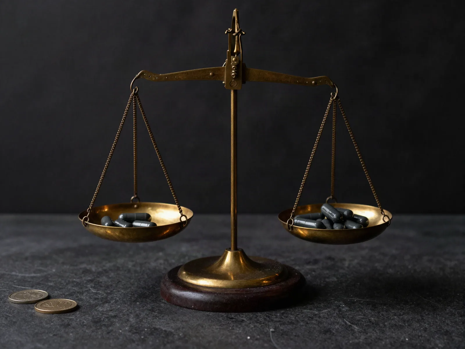 A brass balance scale on dark marble with dark capsules resting on its pans
