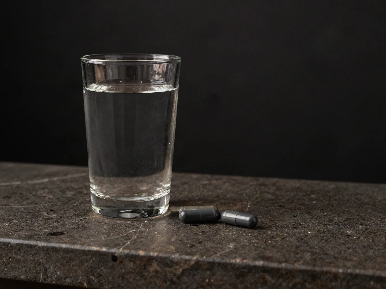 A glass of water beside two dark capsules on a stone counter in soft morning light