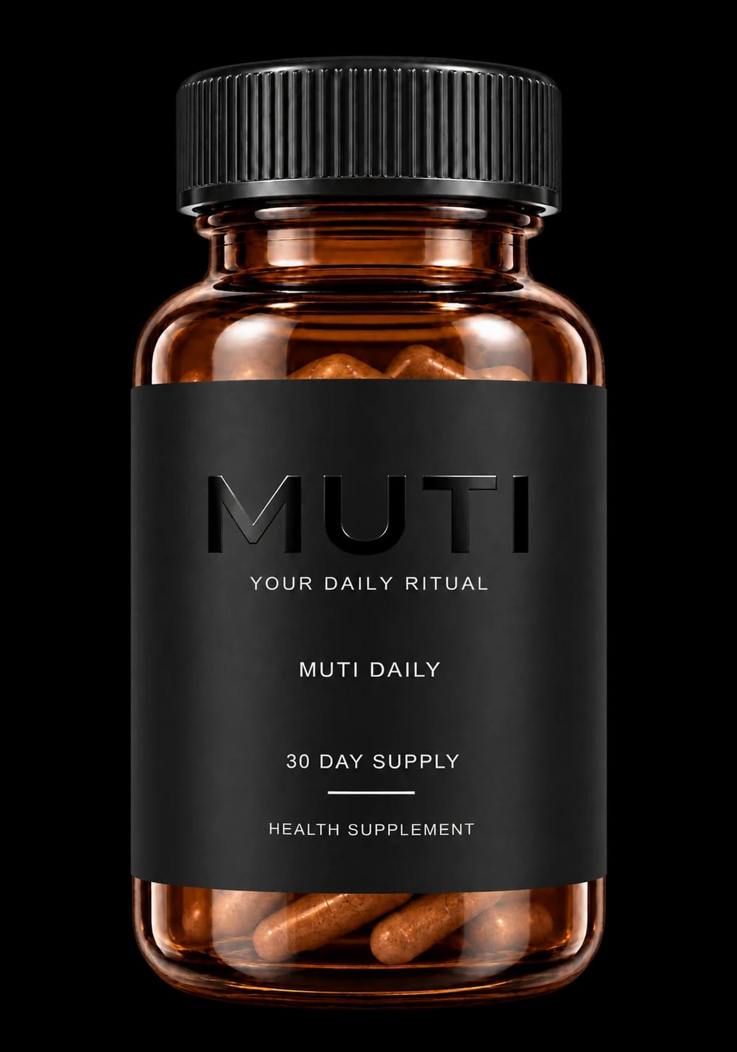 MUTI DAILY amber bottle with its charcoal label