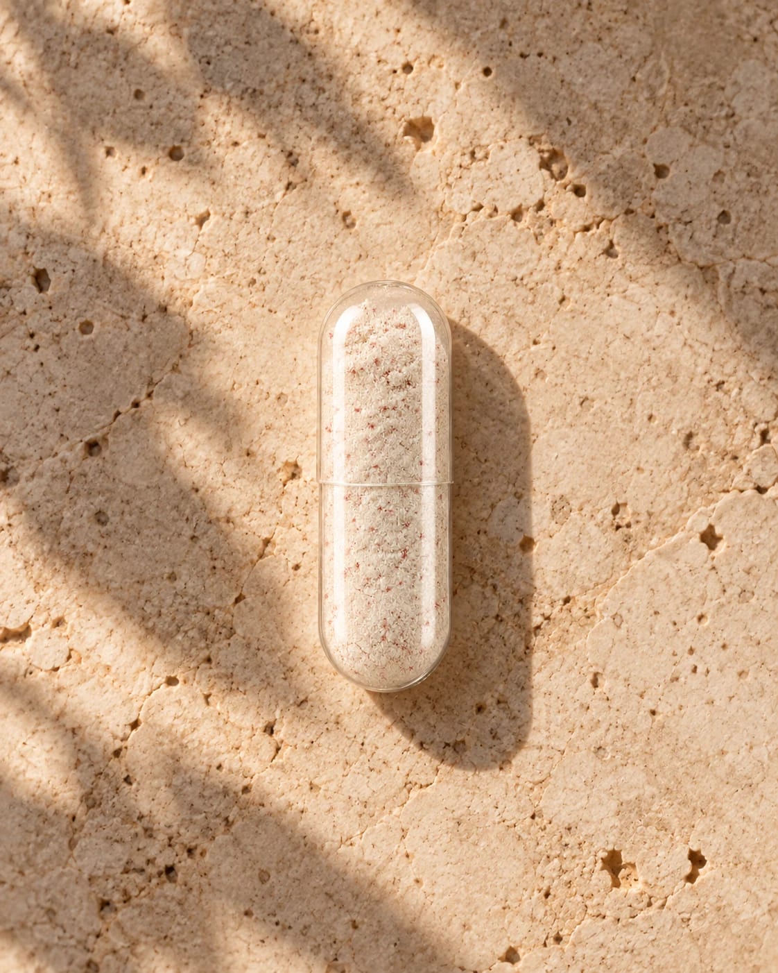 A clear capsule resting on textured natural stone