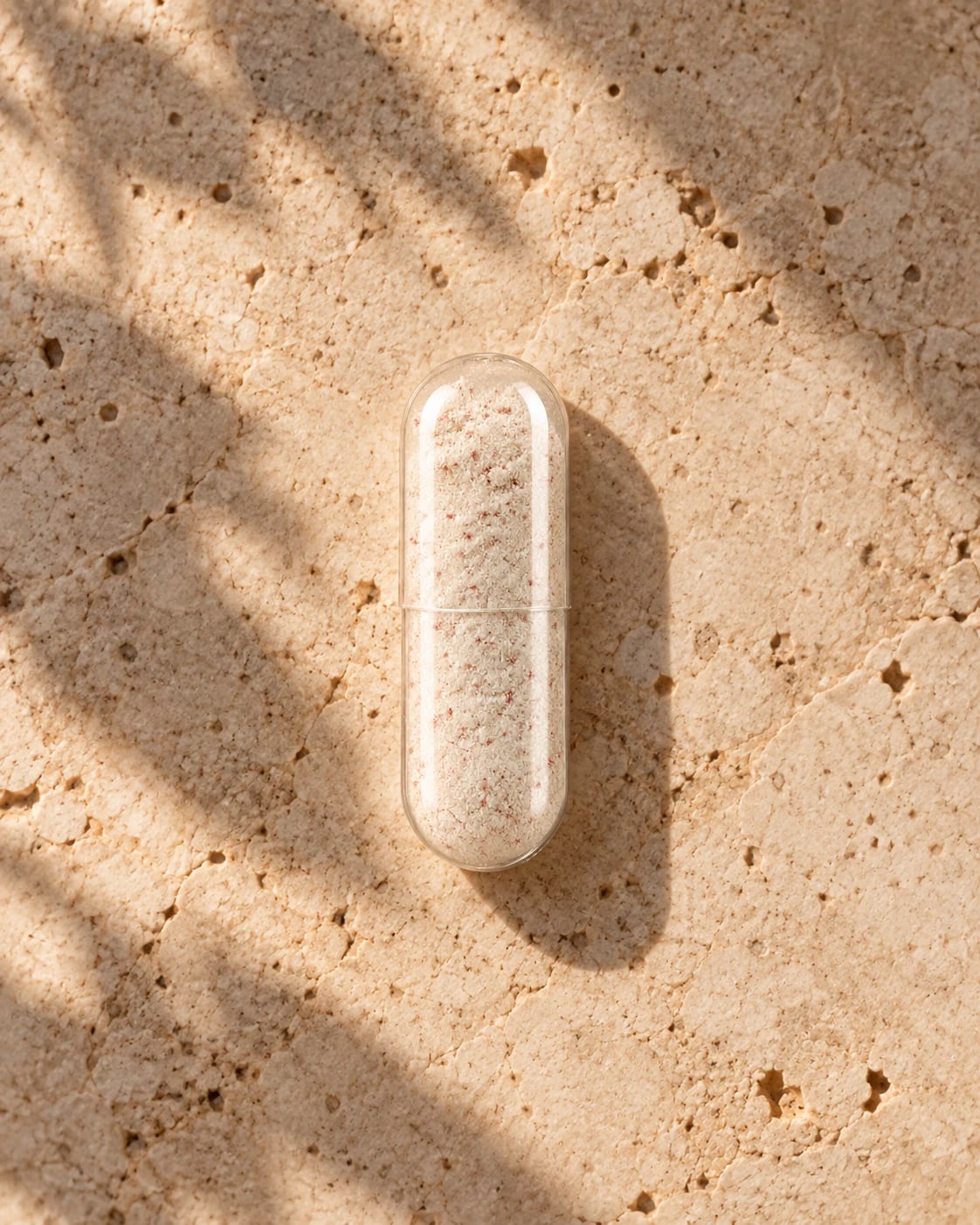 A clear capsule filled with pale powder resting on natural stone