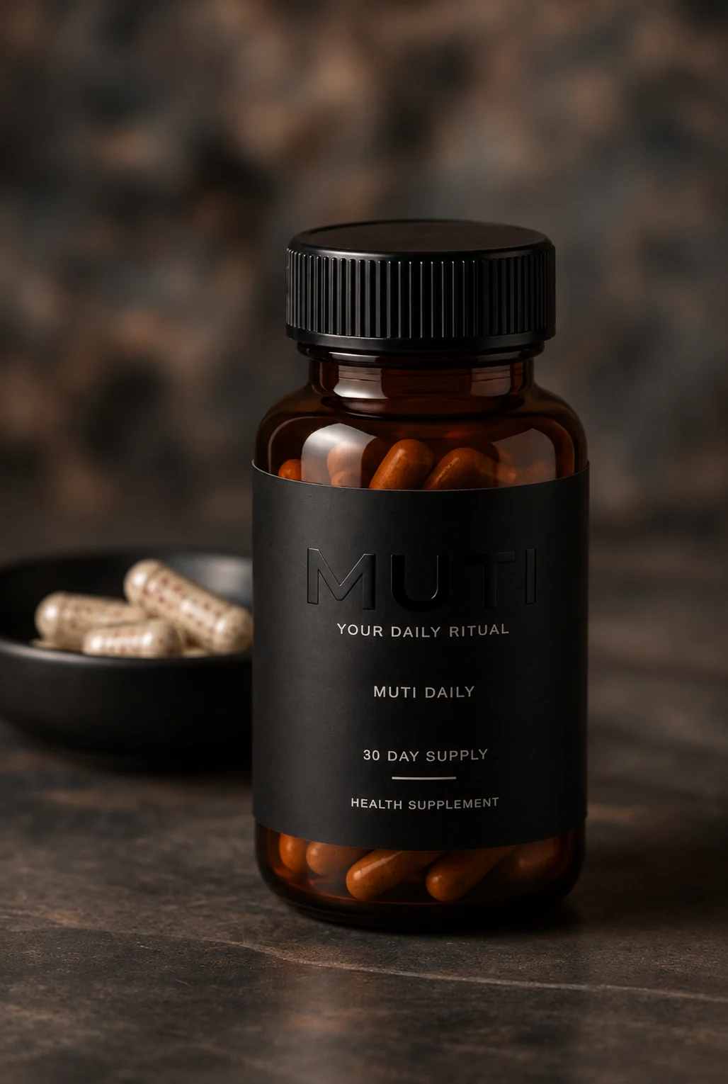 An amber MUTI DAILY bottle beside a bowl of capsules in warm evening light
