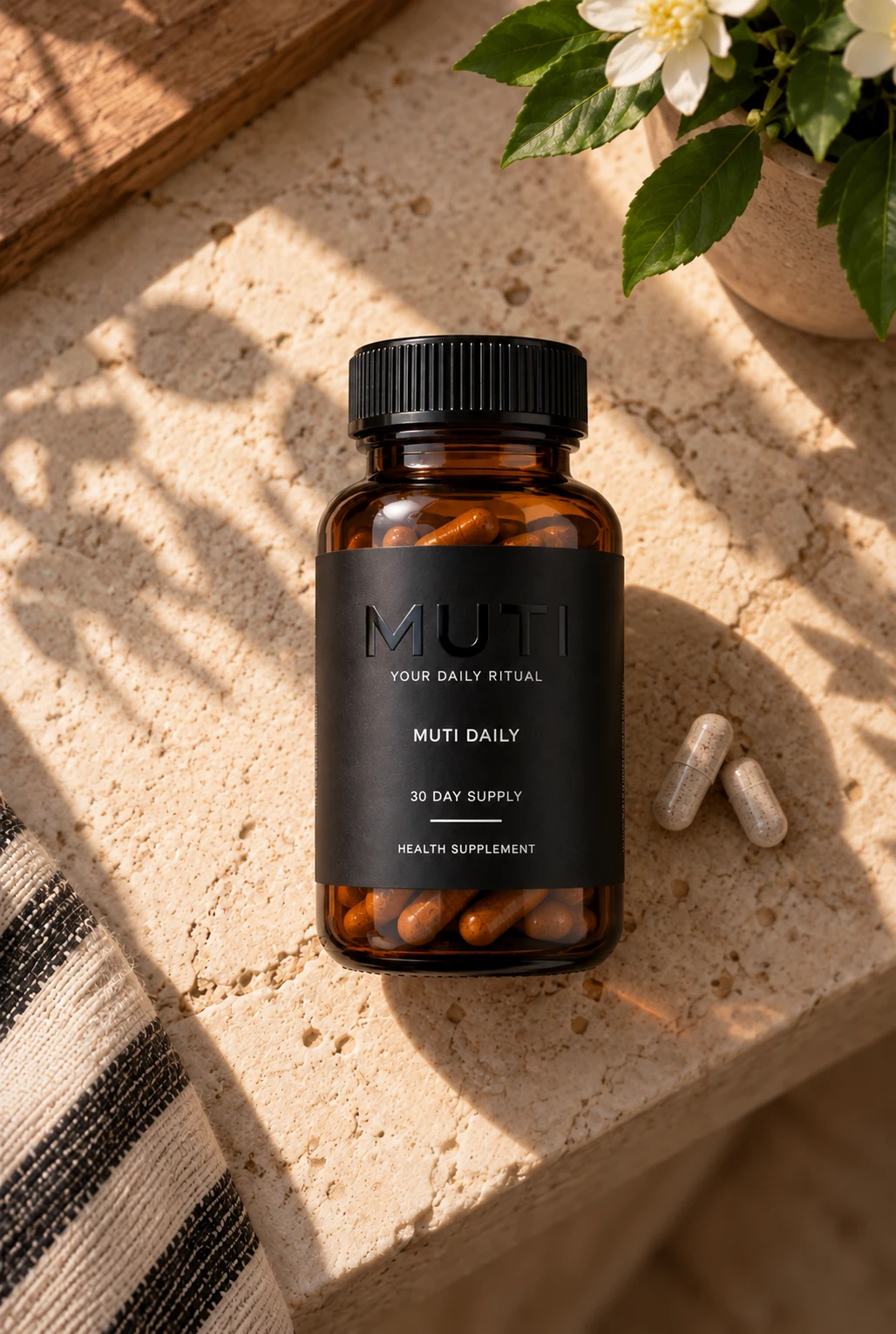 A bottle of MUTI DAILY on sunlit stone beside two capsules and a flowering plant
