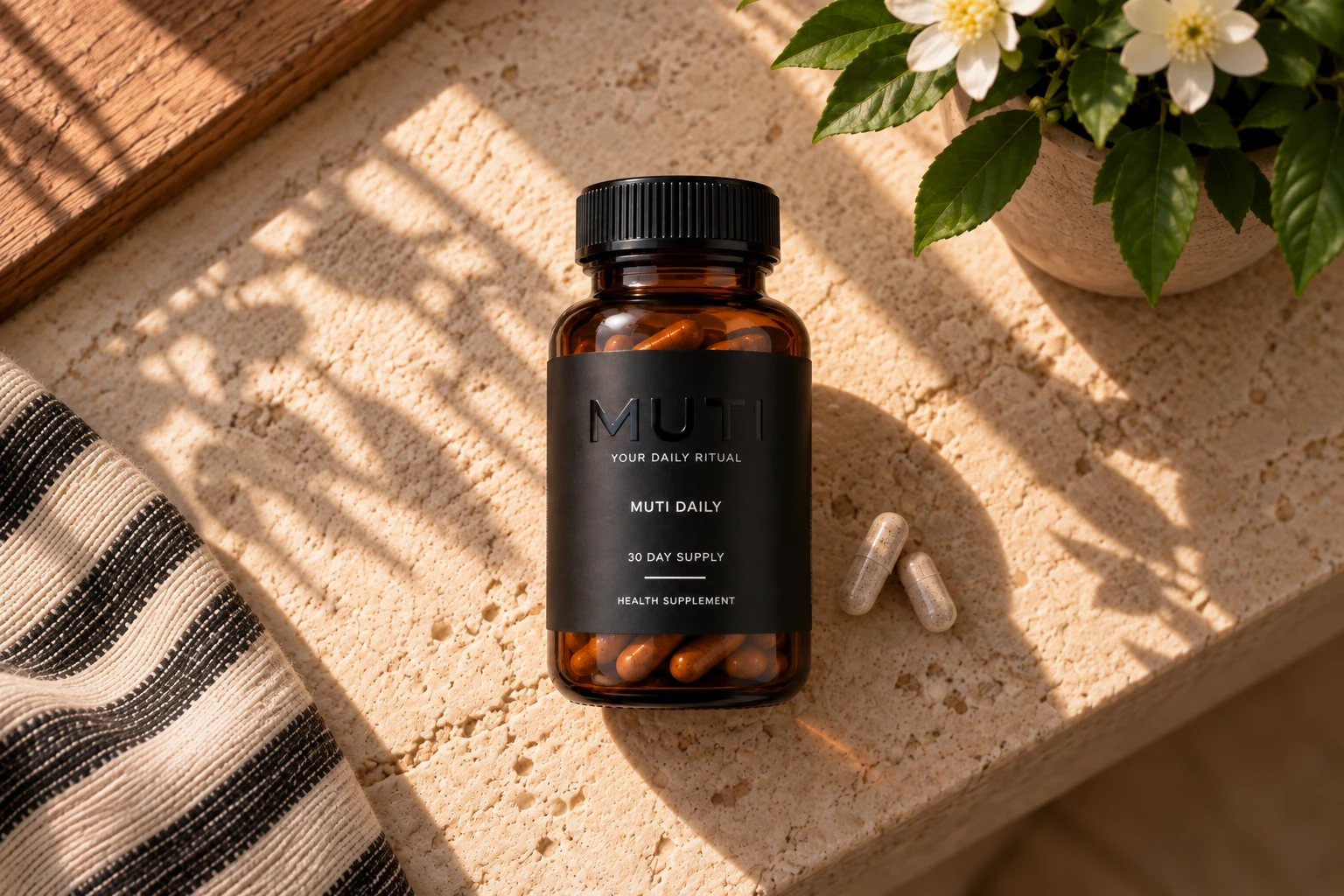 MUTI DAILY amber bottle and capsules on sunlit natural stone beside white flowers