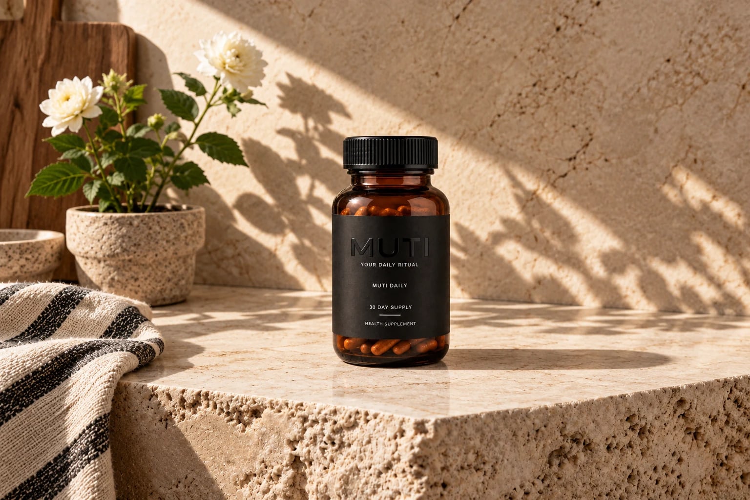 MUTI DAILY on sunlit stone beside flowers