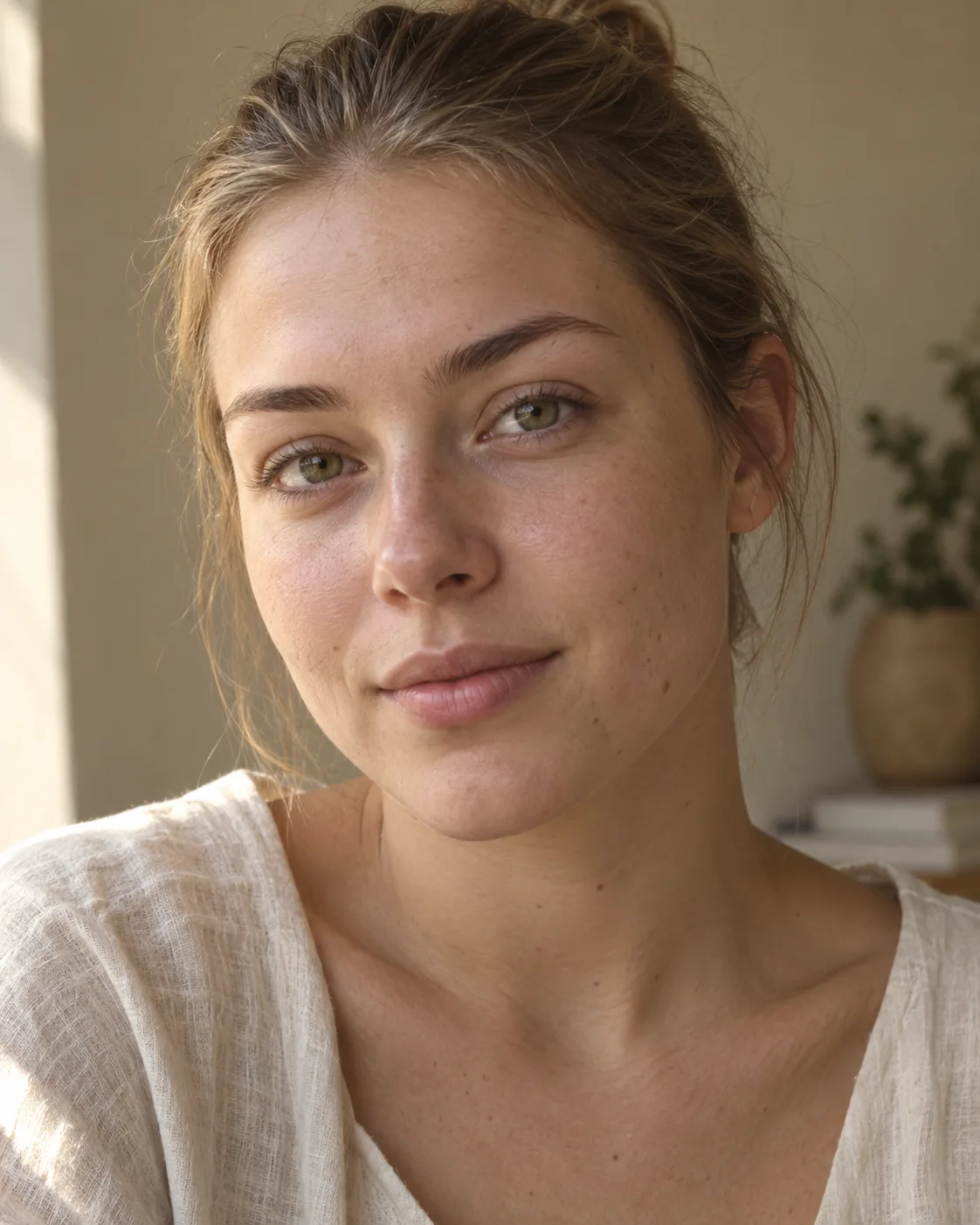 A woman with her hair tied up, bare-faced with freckles, in a cream linen top, smiling in soft morning light