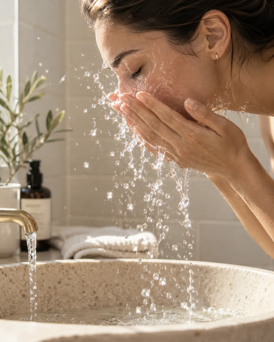 A woman splashing water over her face at a stone basin, with an olive branch and a folded towel beside a brass tap
