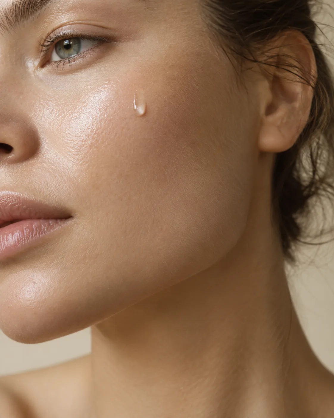 A close-up of a woman's cheek with a single drop of water on smooth, even skin